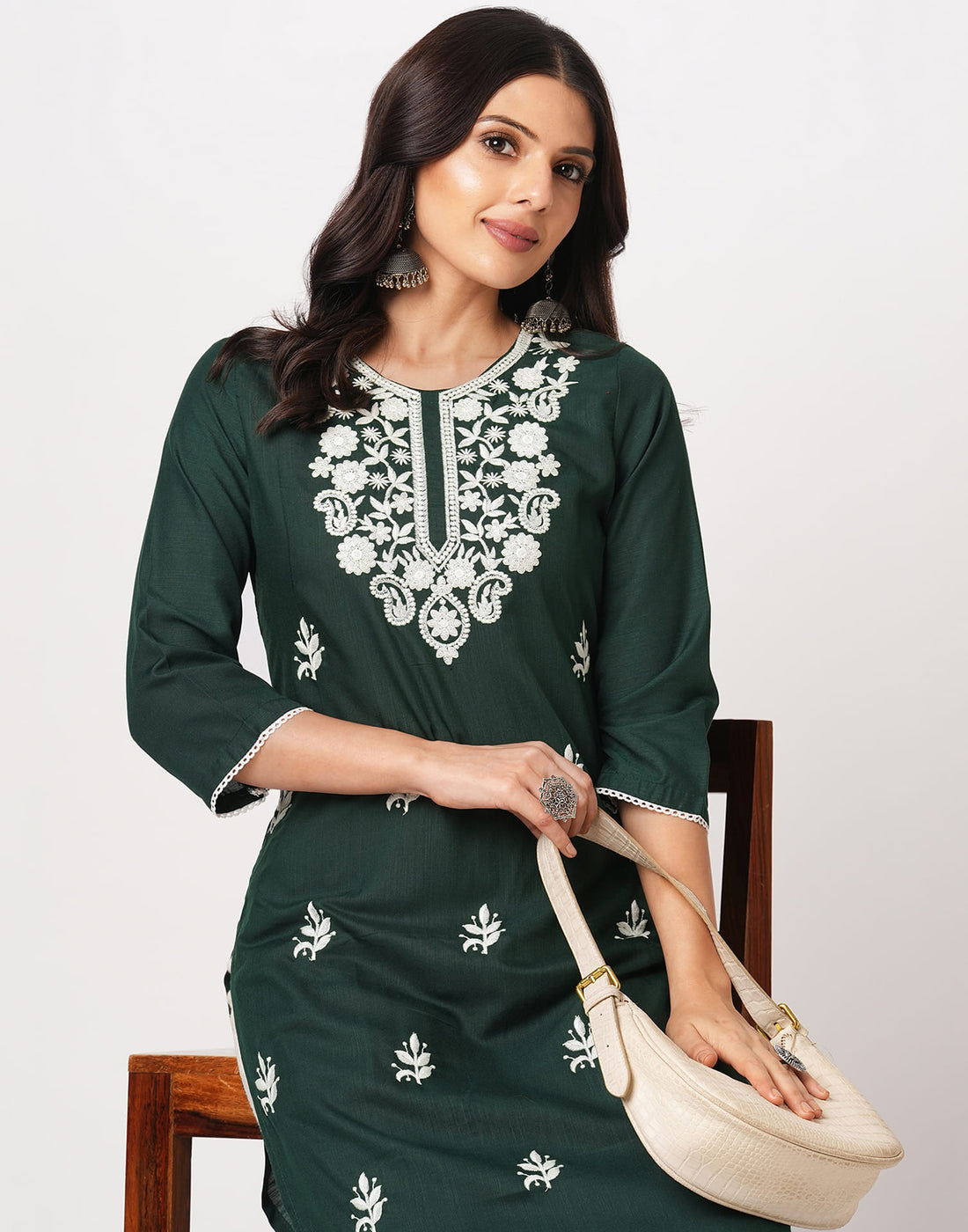 Green Cotton Embroidery Straight Kurti