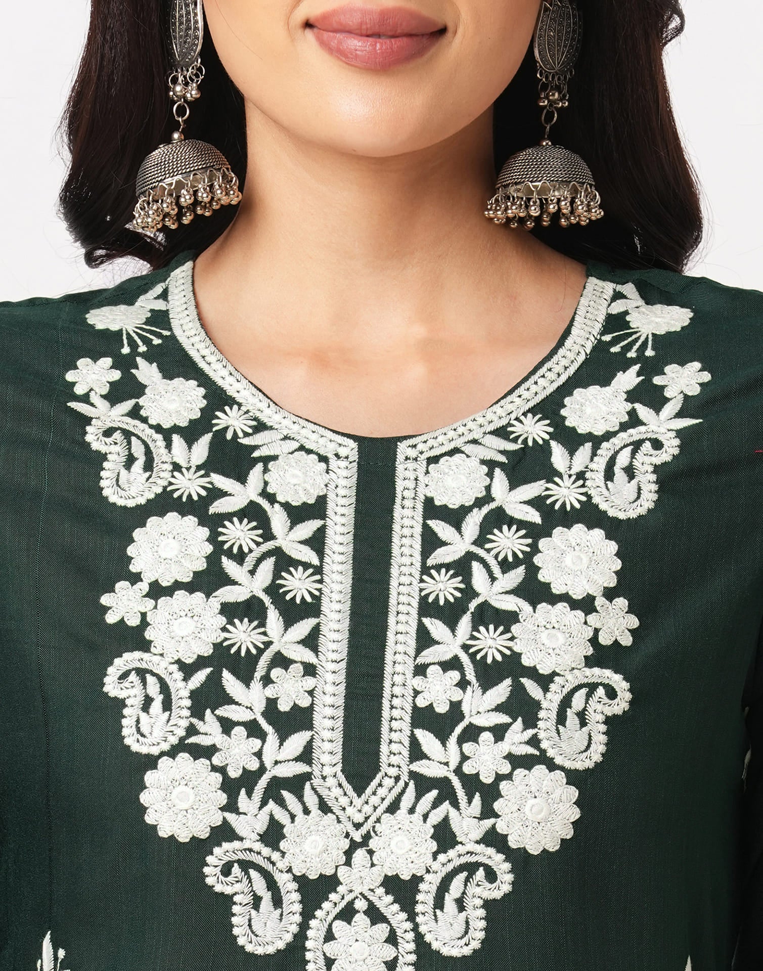 Green Cotton Embroidery Straight Kurti