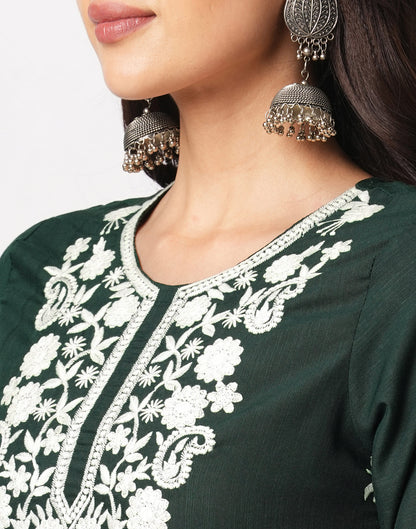 Green Cotton Embroidery Straight Kurti