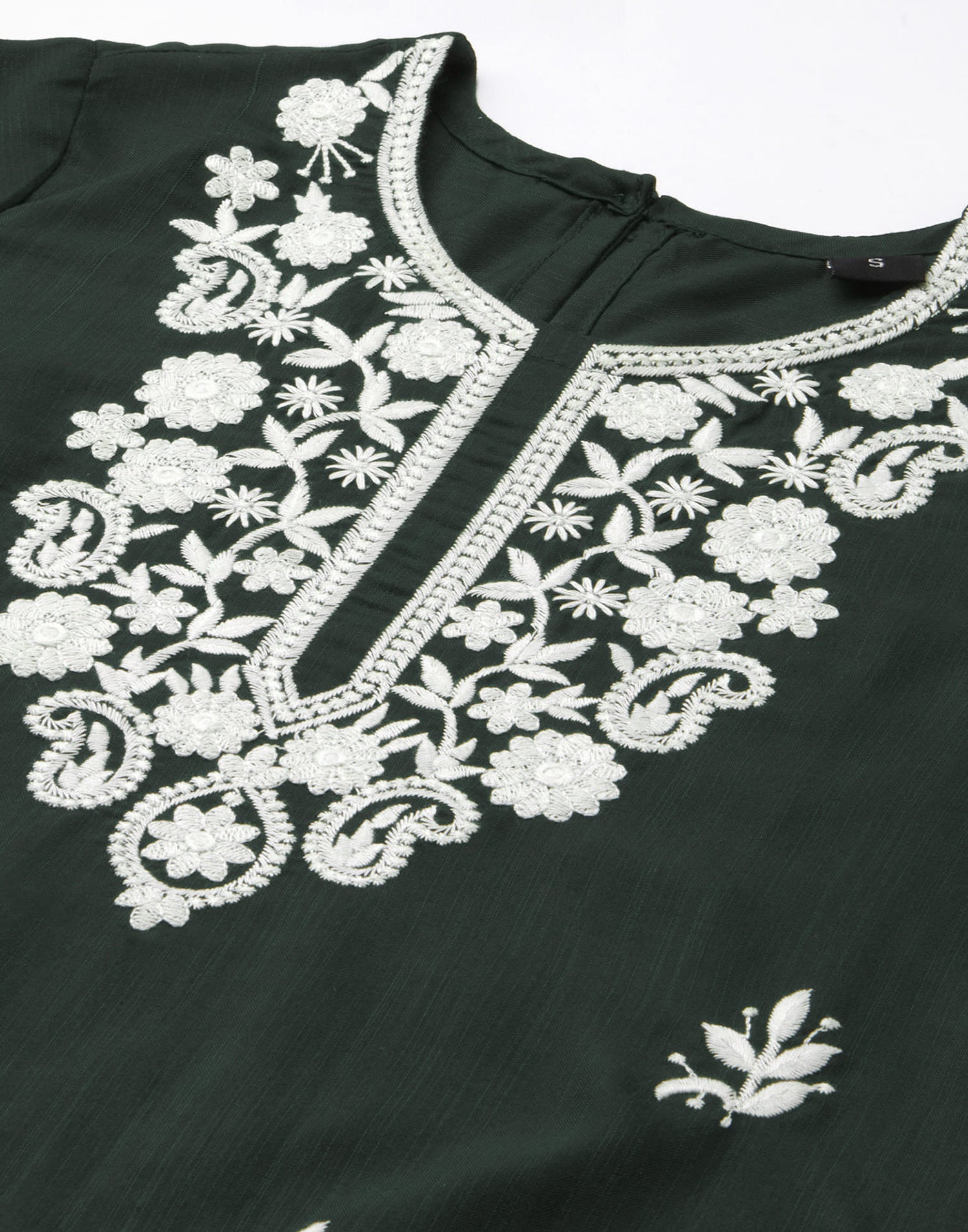 Green Cotton Embroidery Straight Kurti
