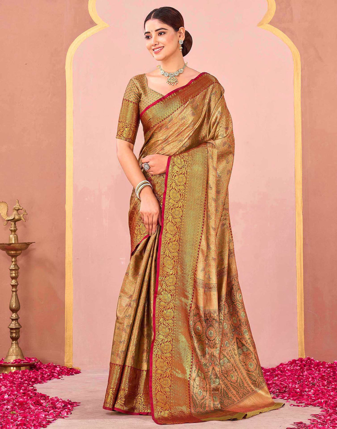 Olive Green Silk Woven Kanjivaram Saree