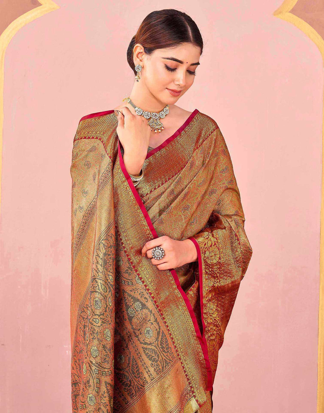 Olive Green Silk Woven Kanjivaram Saree