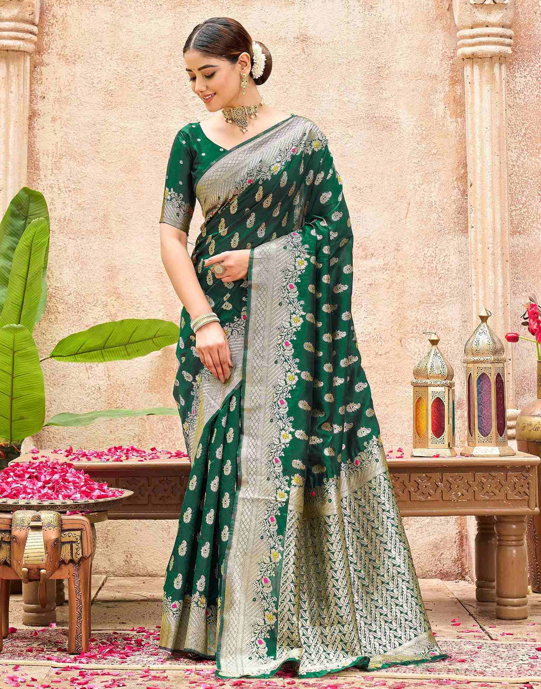 Bottle Green Silk Woven Banarasi Saree