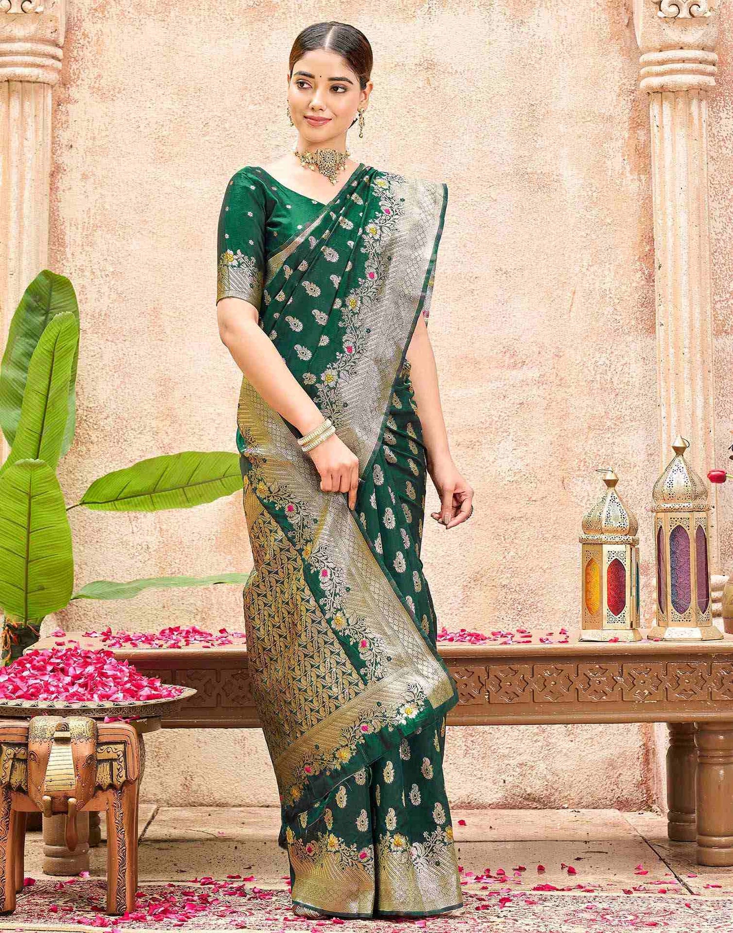 Bottle Green Silk Woven Banarasi Saree