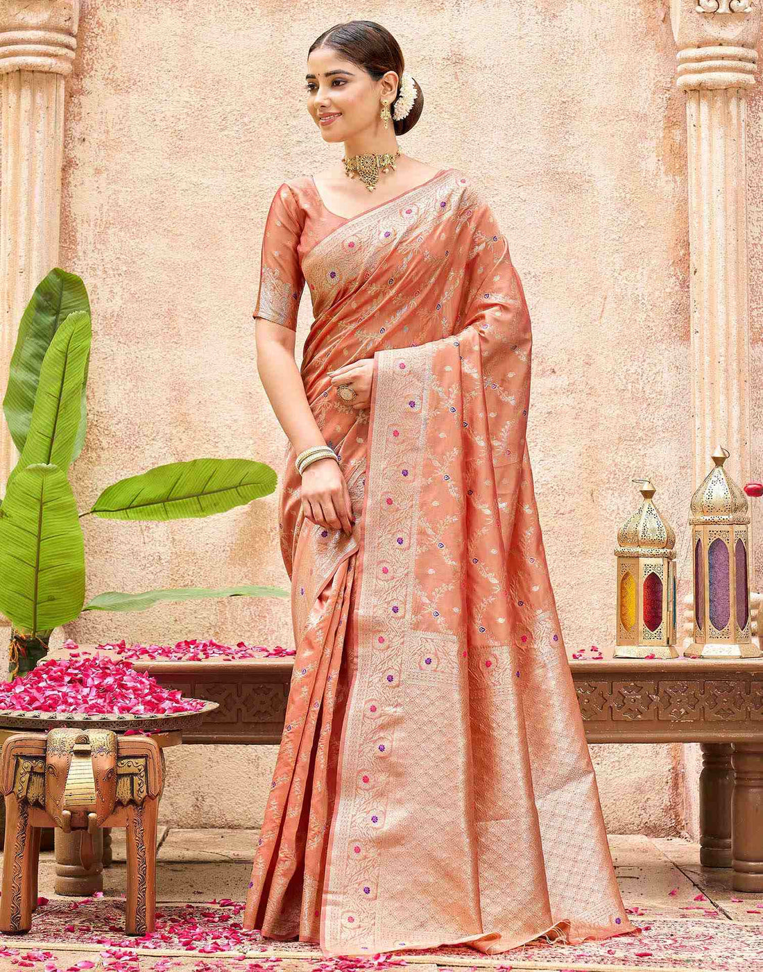 Peach Silk Woven Saree