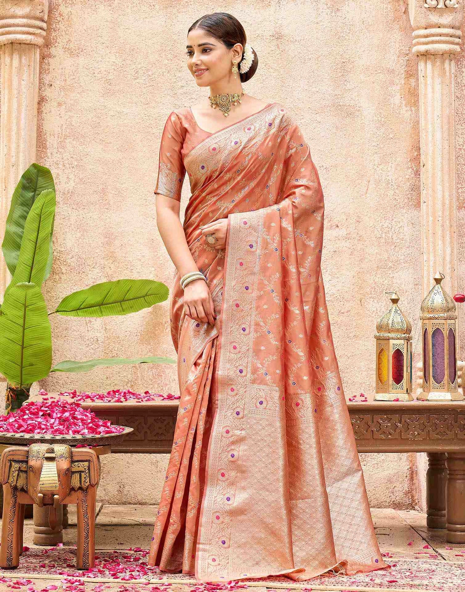 Peach Silk Woven Saree