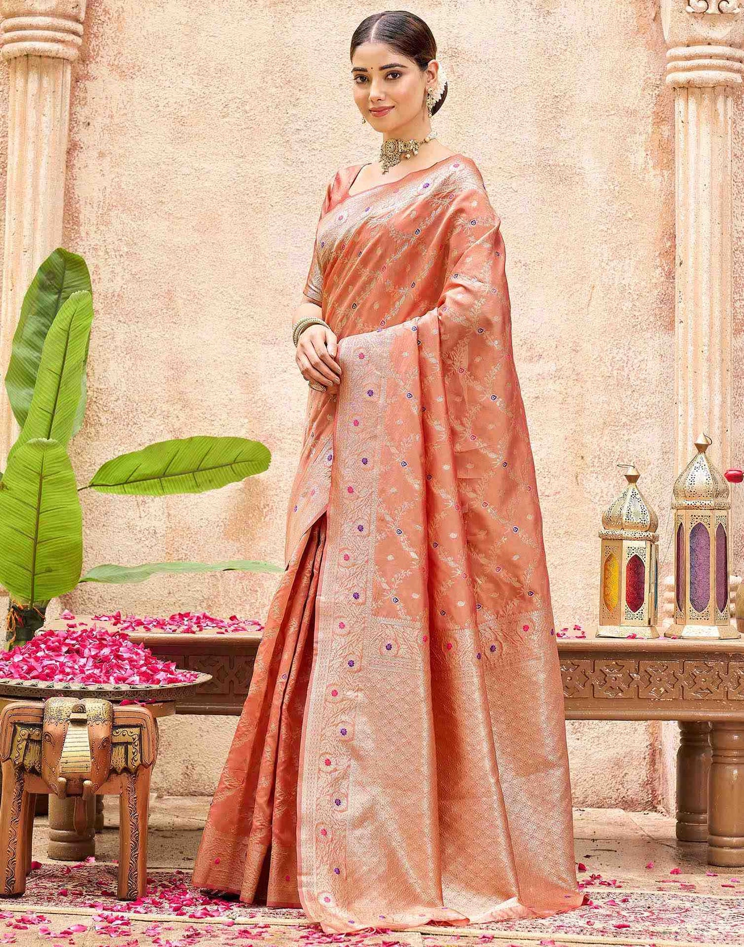 Peach Silk Woven Saree