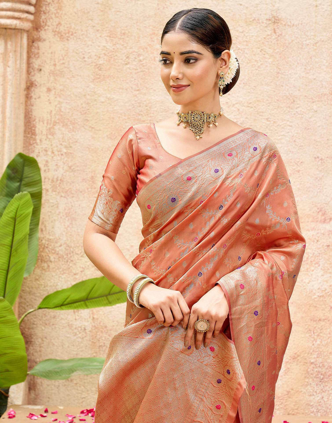 Peach Silk Woven Saree