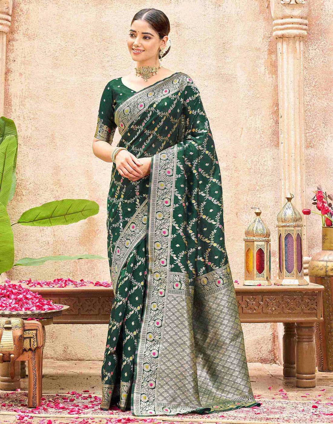 Bottle Green Silk Woven Saree