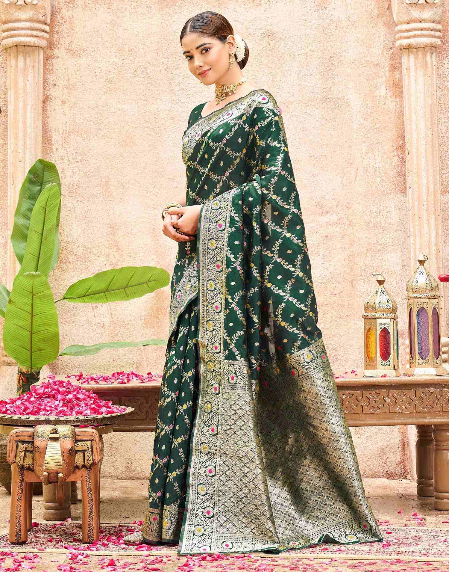 Bottle Green Silk Woven Saree