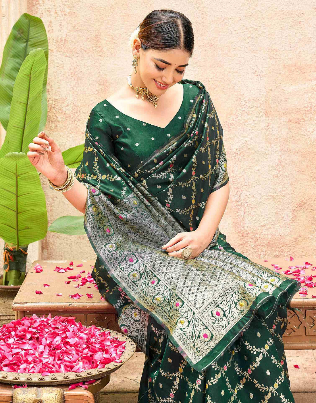 Bottle Green Silk Woven Saree