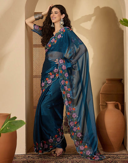 Peacock Blue Shimmer Embroidery Saree