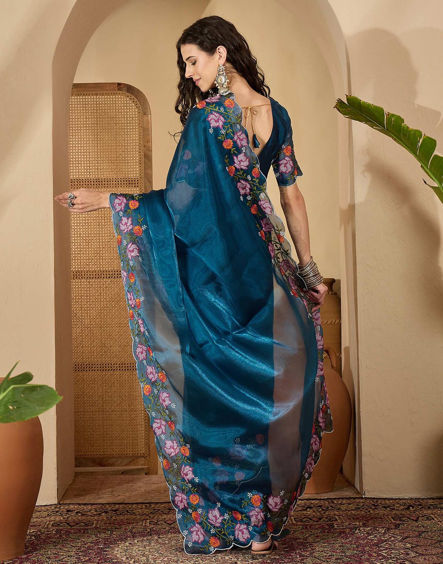 Peacock Blue Shimmer Embroidery Saree