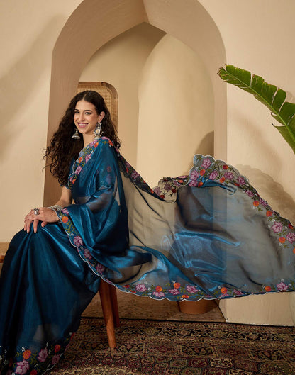Peacock Blue Shimmer Embroidery Saree