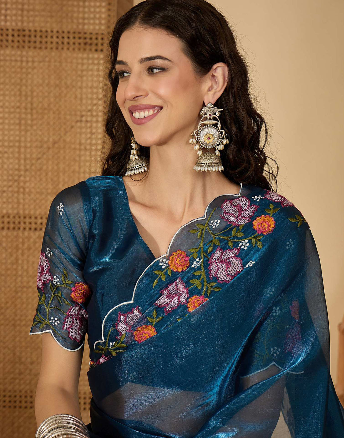 Peacock Blue Shimmer Embroidery Saree