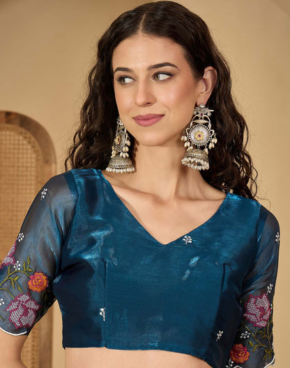 Peacock Blue Shimmer Embroidery Saree