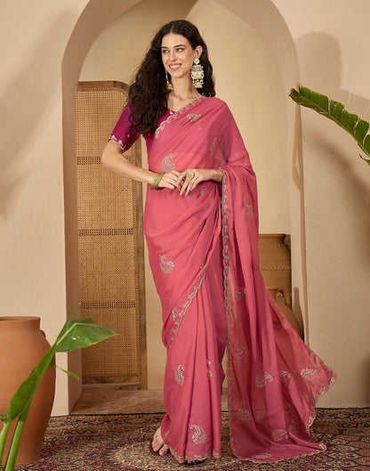 Coral Pink Shimmer Embroidery Saree