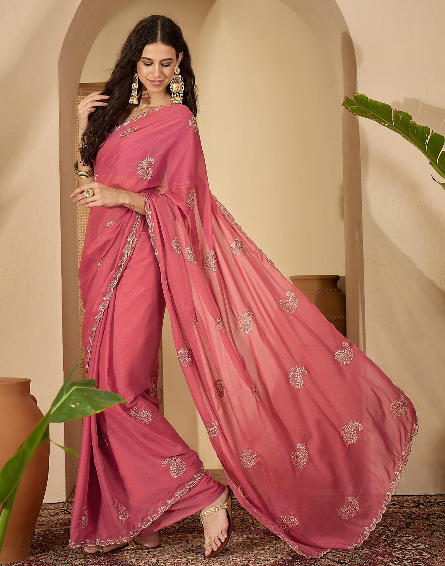 Coral Pink Shimmer Embroidery Saree