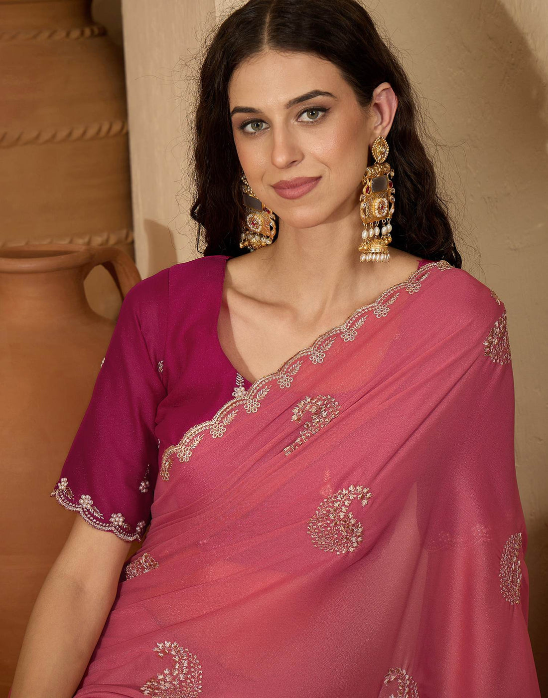 Coral Pink Shimmer Embroidery Saree