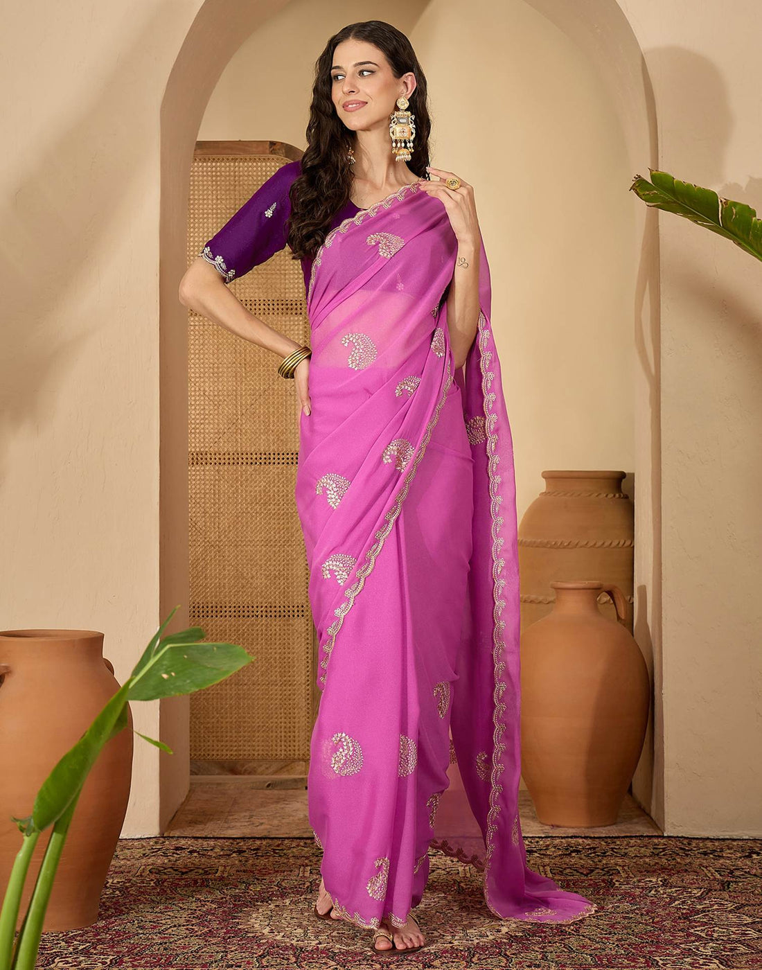 Dusty Pink Shimmer Embroidery Saree