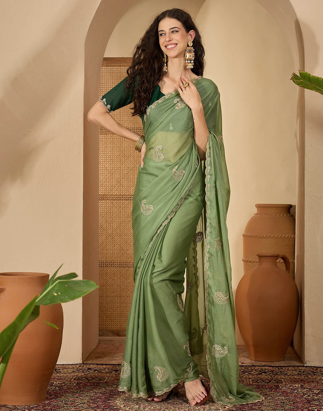 Pista Green Shimmer Embroidery Saree