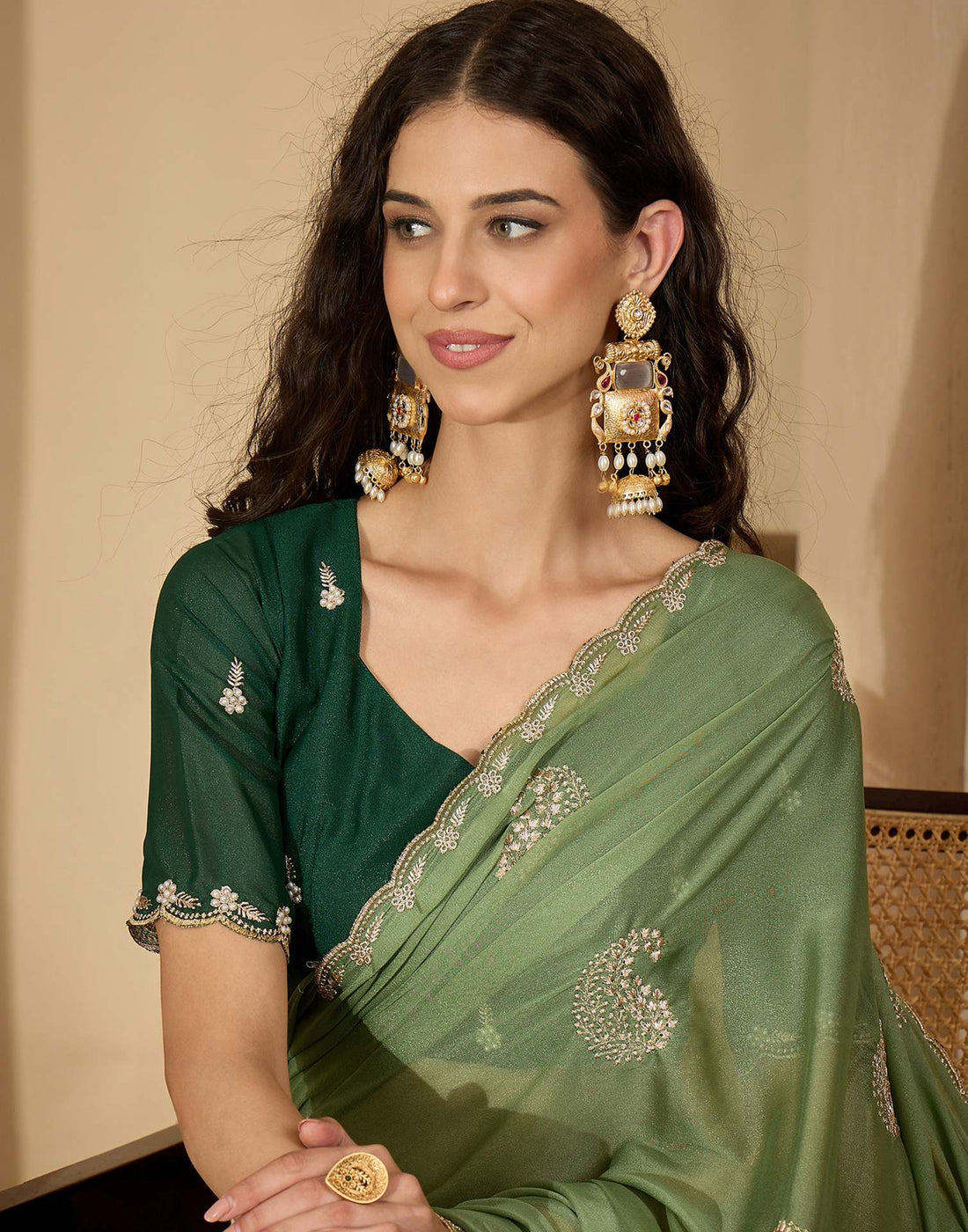 Pista Green Shimmer Embroidery Saree