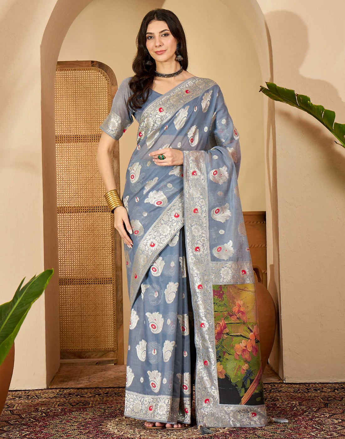 Grey Chanderi Woven Banarasi Saree