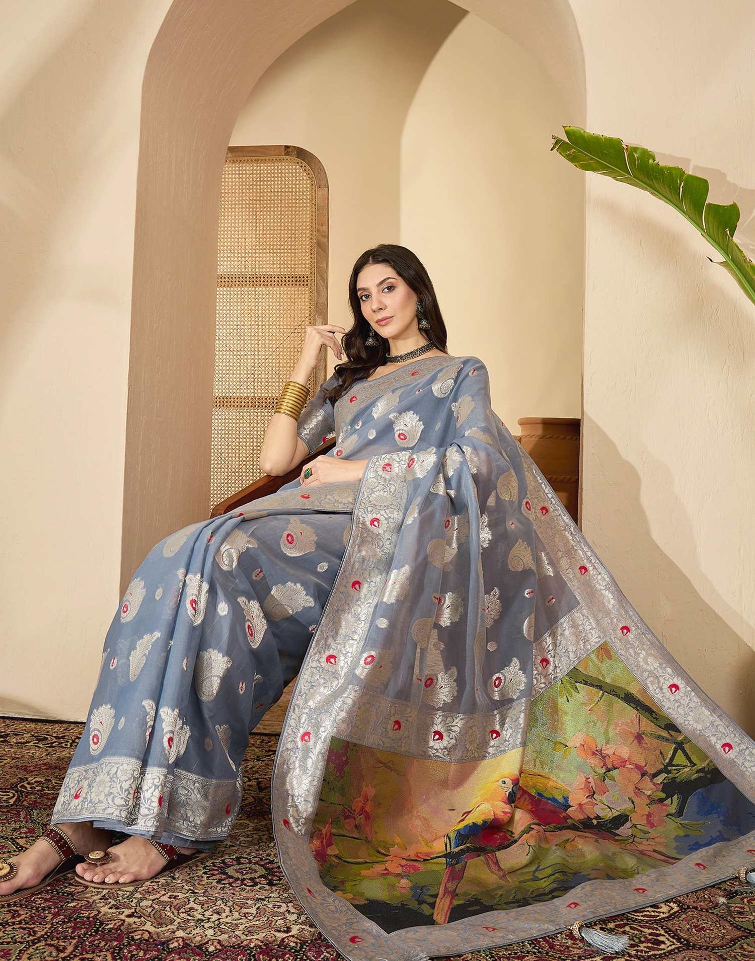 Grey Chanderi Woven Banarasi Saree