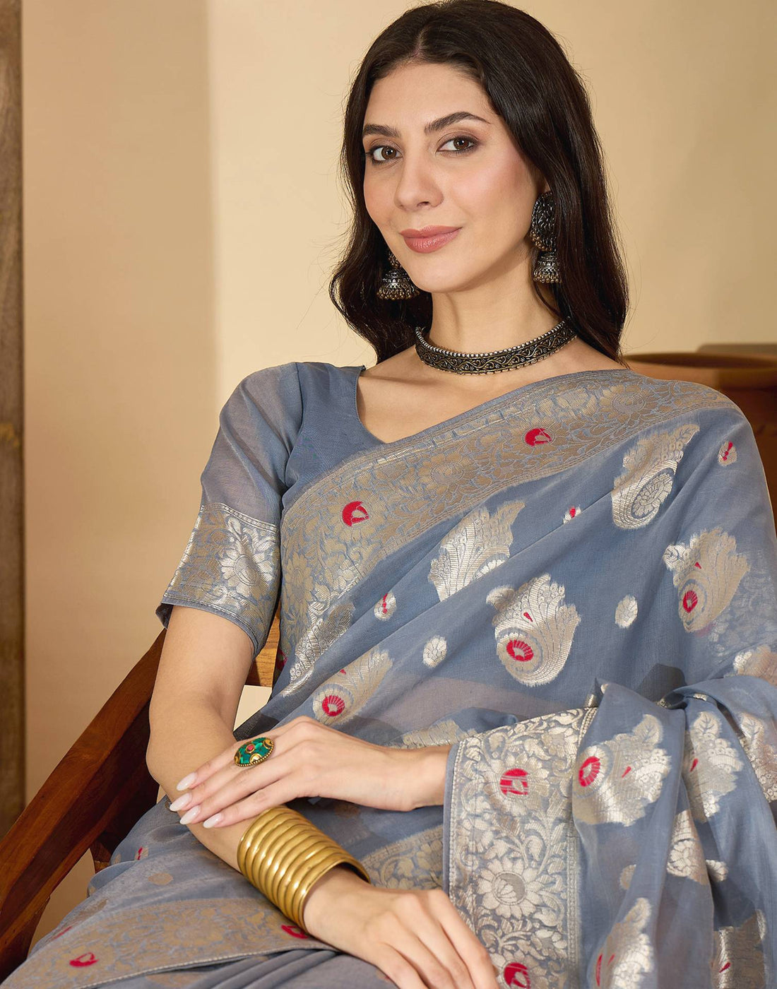 Grey Chanderi Woven Banarasi Saree