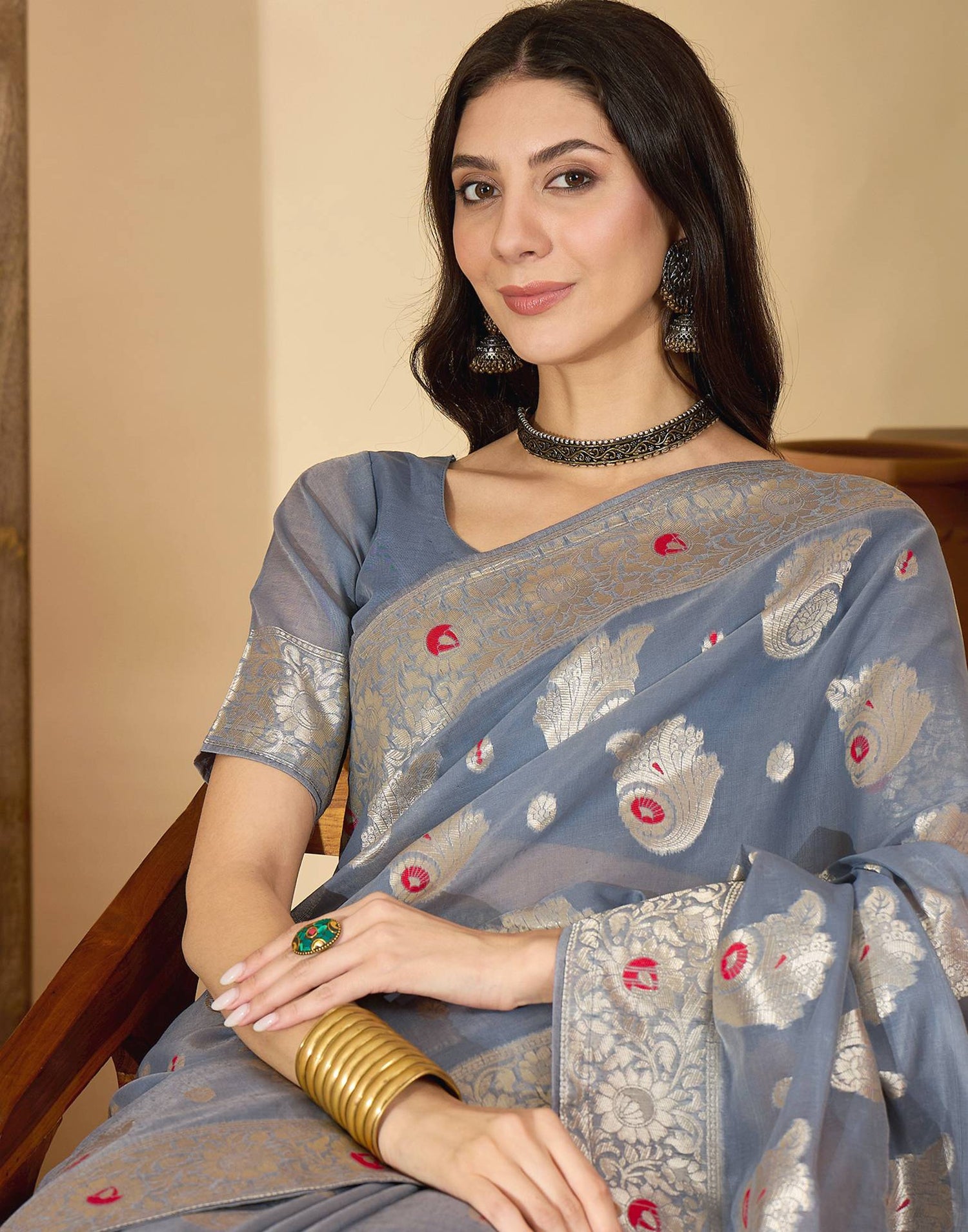Grey Chanderi Woven Banarasi Saree