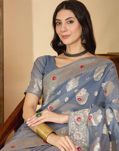 Grey Chanderi Woven Banarasi Saree