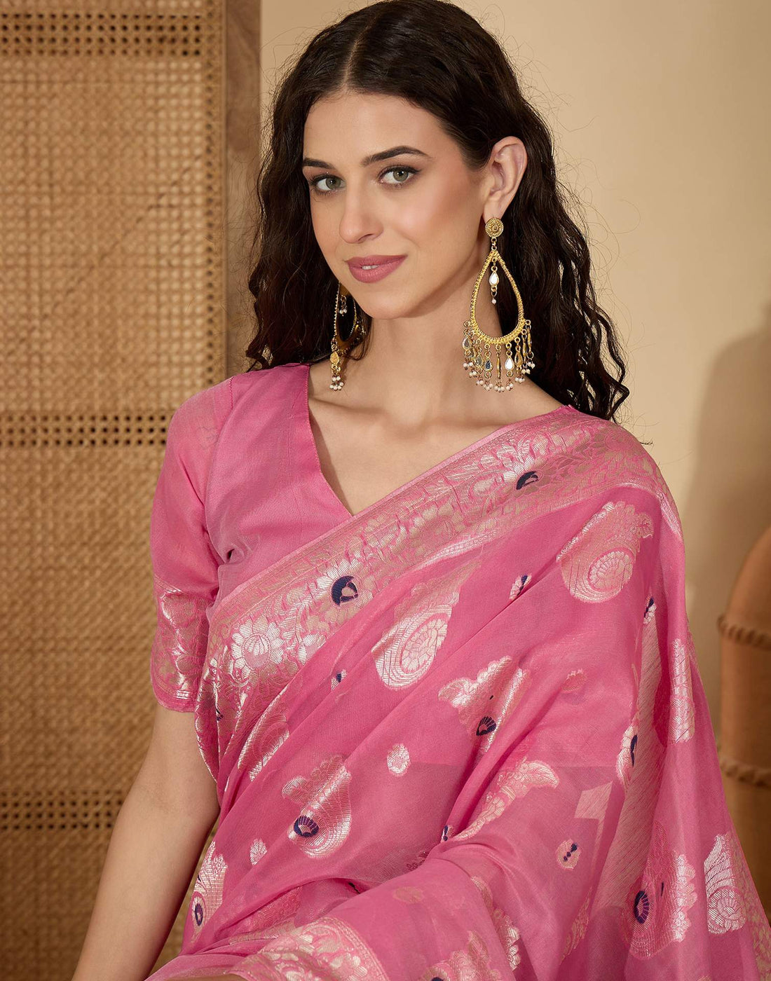 Pink Chanderi Woven Banarasi Saree