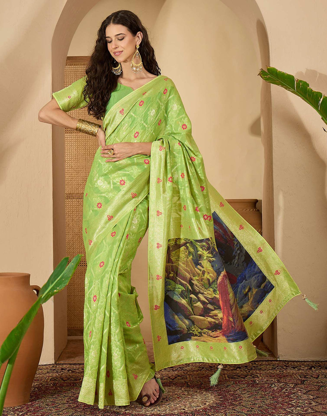 Parrot Green Chanderi Woven Banarasi Saree