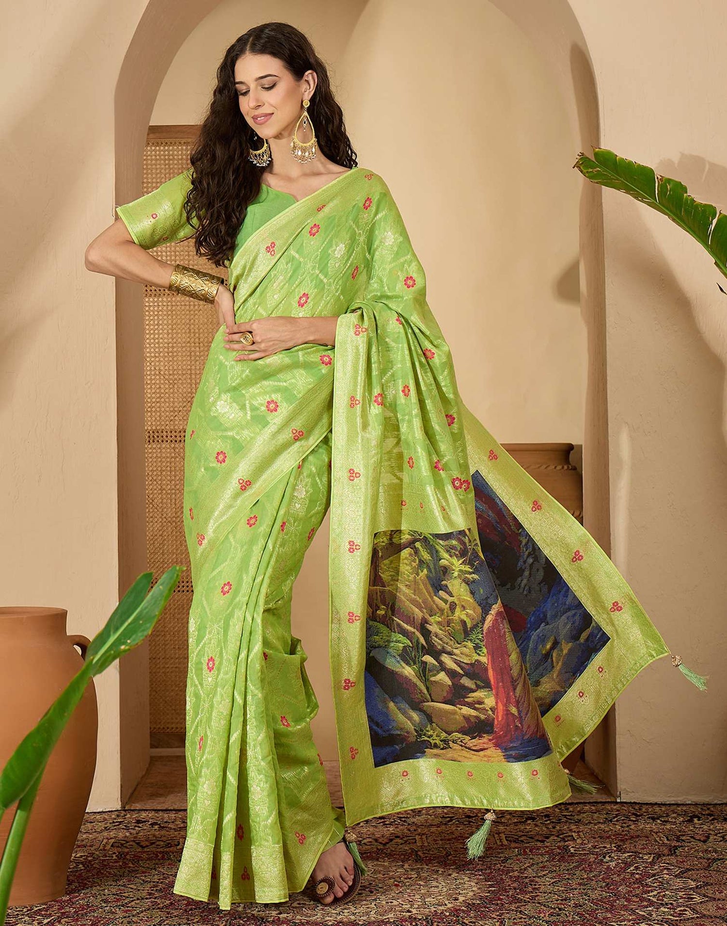 Parrot Green Chanderi Woven Banarasi Saree