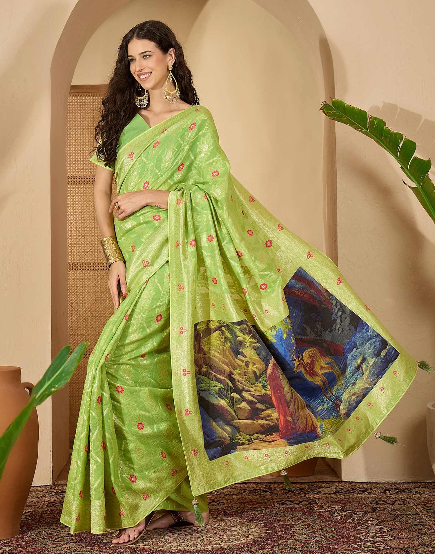 Parrot Green Chanderi Woven Banarasi Saree