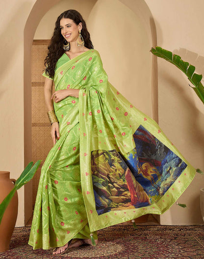 Parrot Green Chanderi Woven Banarasi Saree