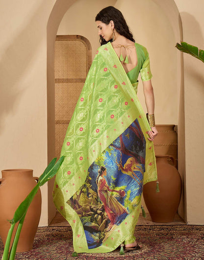 Parrot Green Chanderi Woven Banarasi Saree