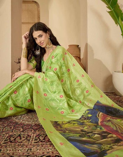 Parrot Green Chanderi Woven Banarasi Saree