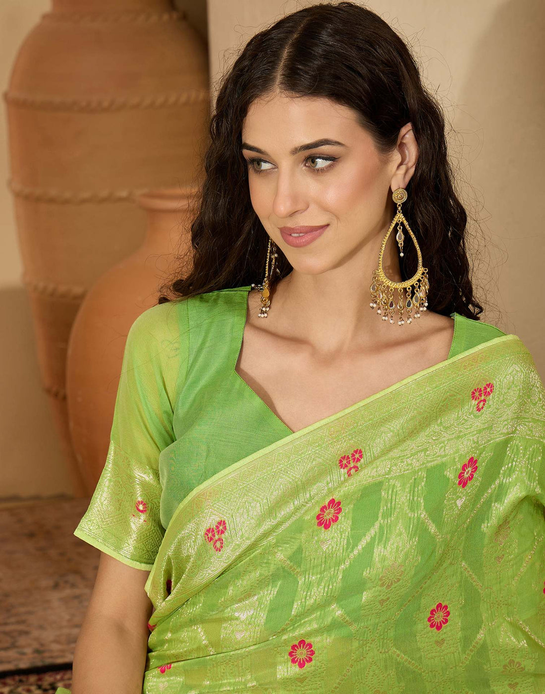 Parrot Green Chanderi Woven Banarasi Saree