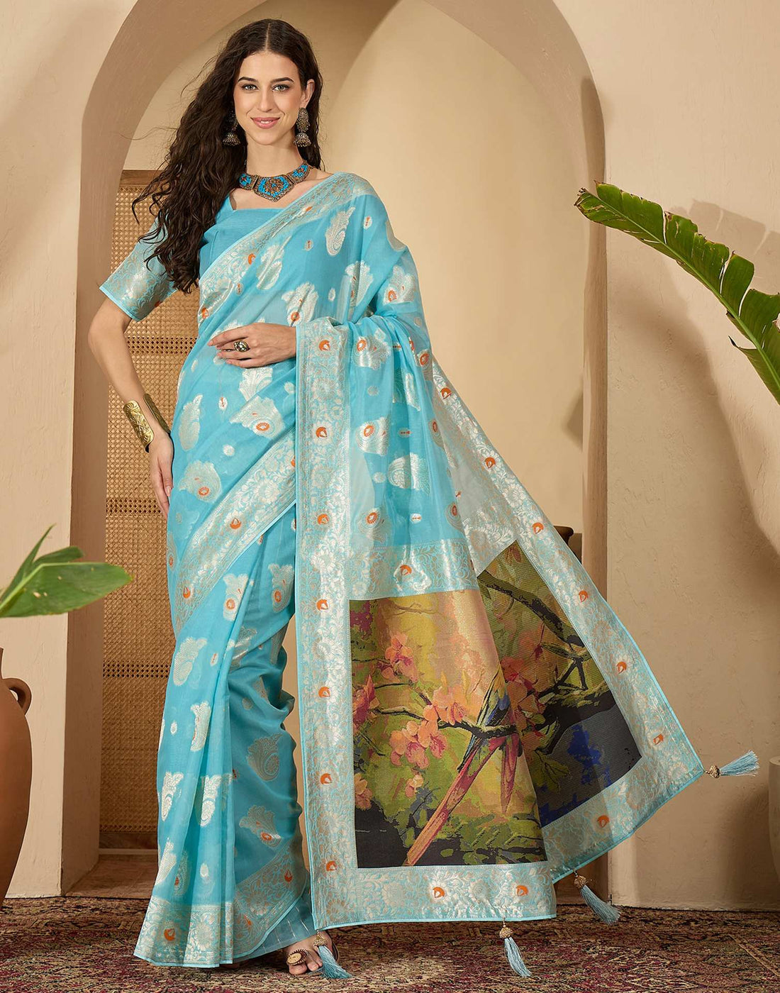 Sky Blue Chanderi Woven Banarasi Saree