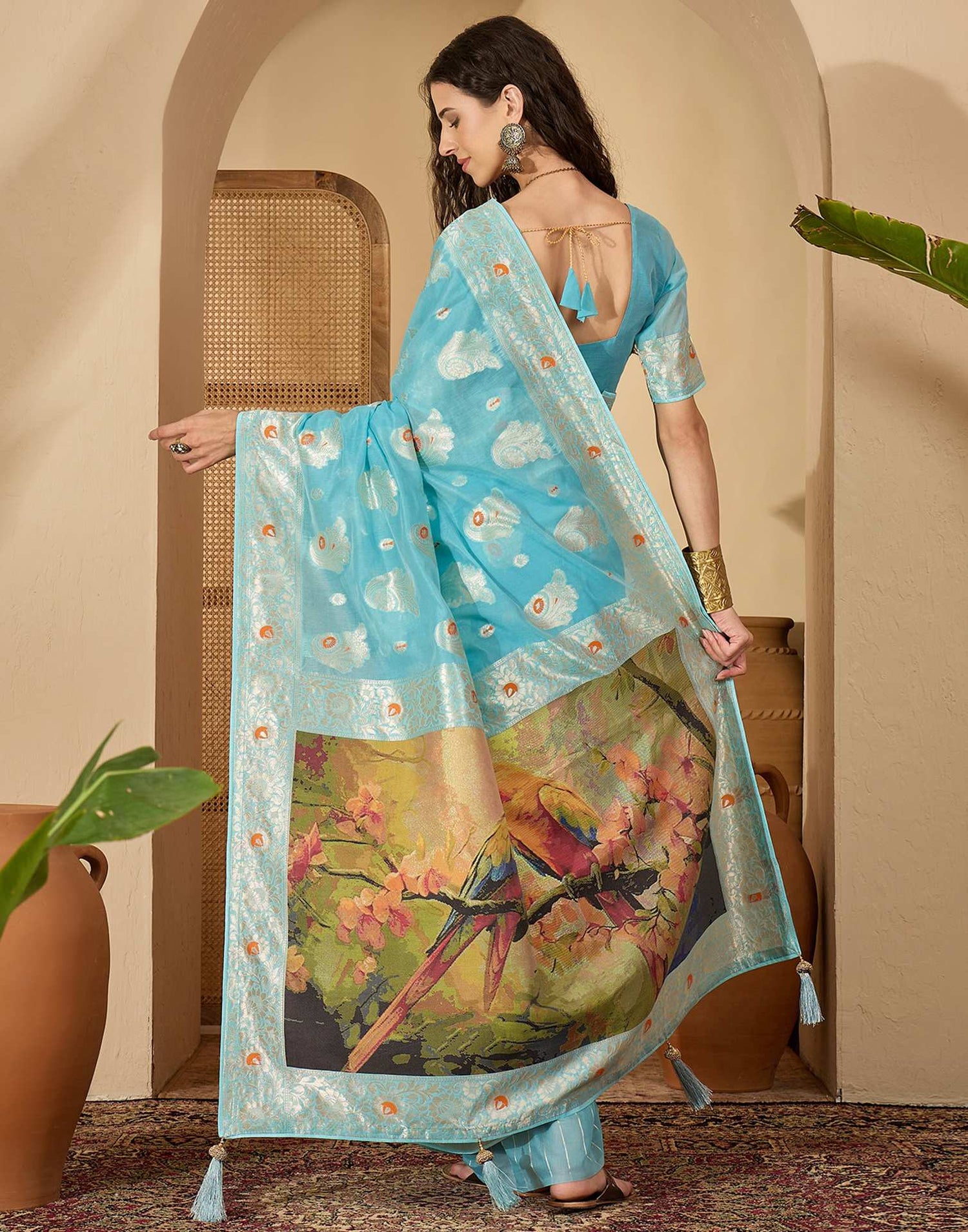 Sky Blue Chanderi Woven Banarasi Saree