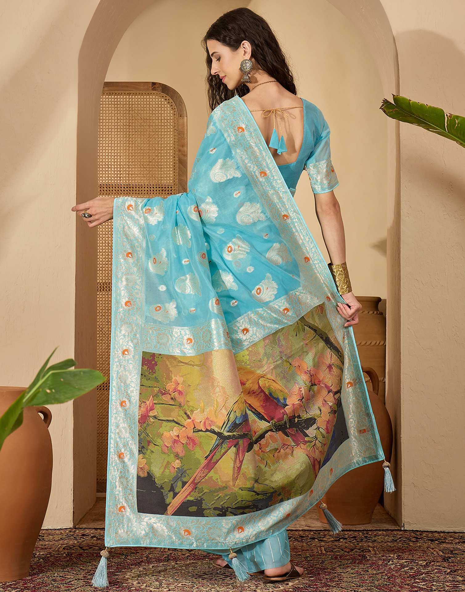 Sky Blue Chanderi Woven Banarasi Saree