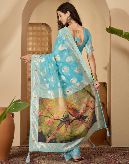 Sky Blue Chanderi Woven Banarasi Saree