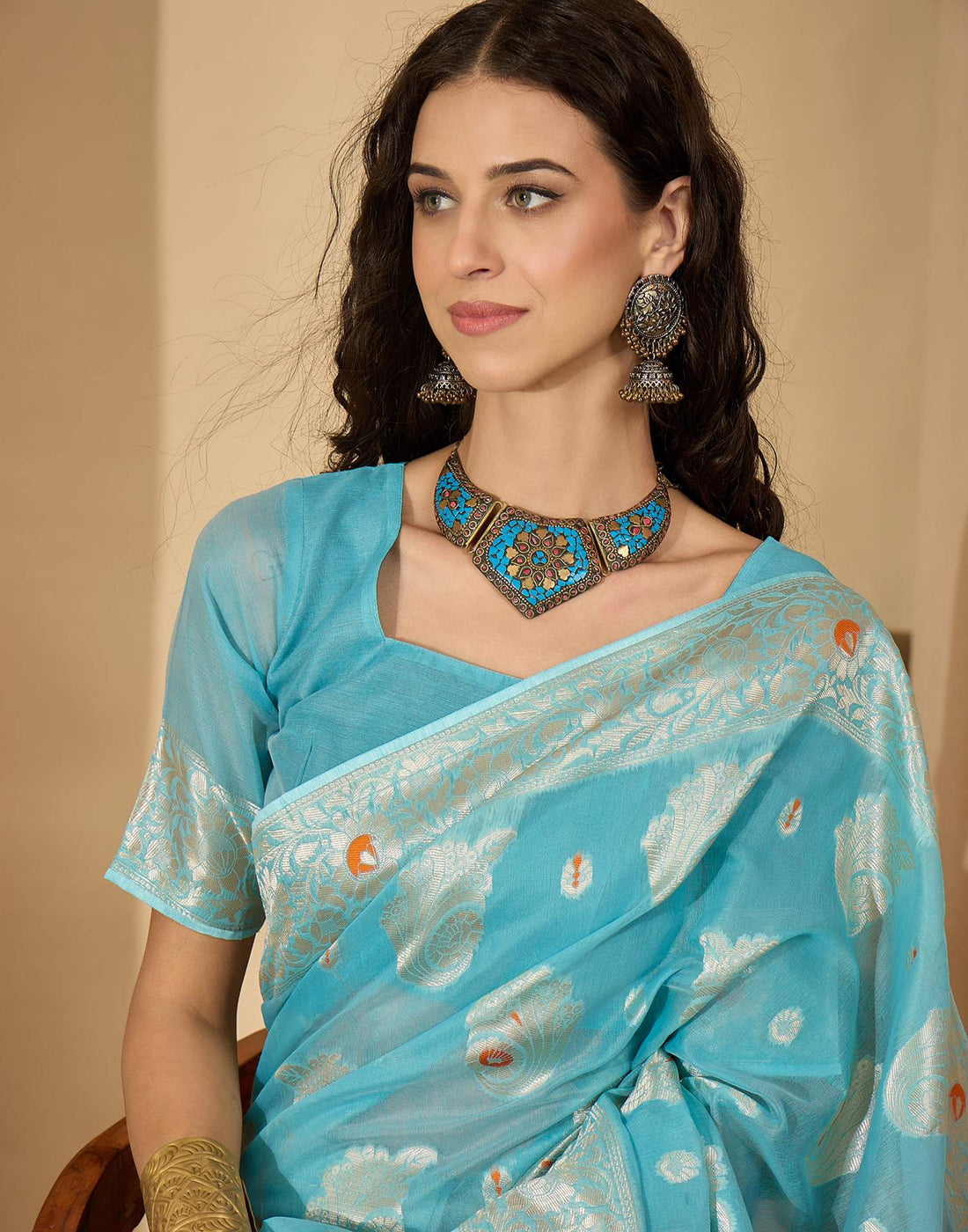 Sky Blue Chanderi Woven Banarasi Saree