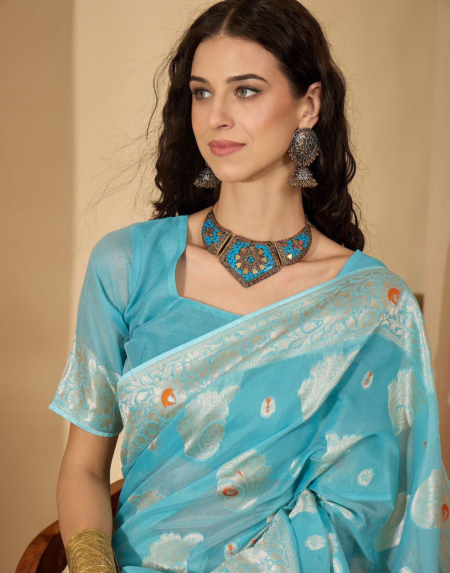 Sky Blue Chanderi Woven Banarasi Saree