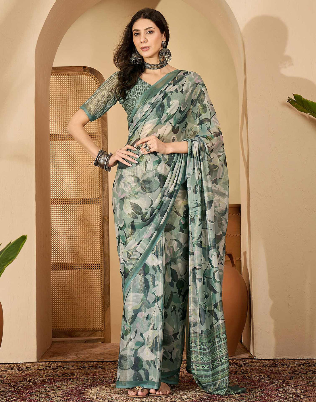Dusty Green Georgette Printed Saree