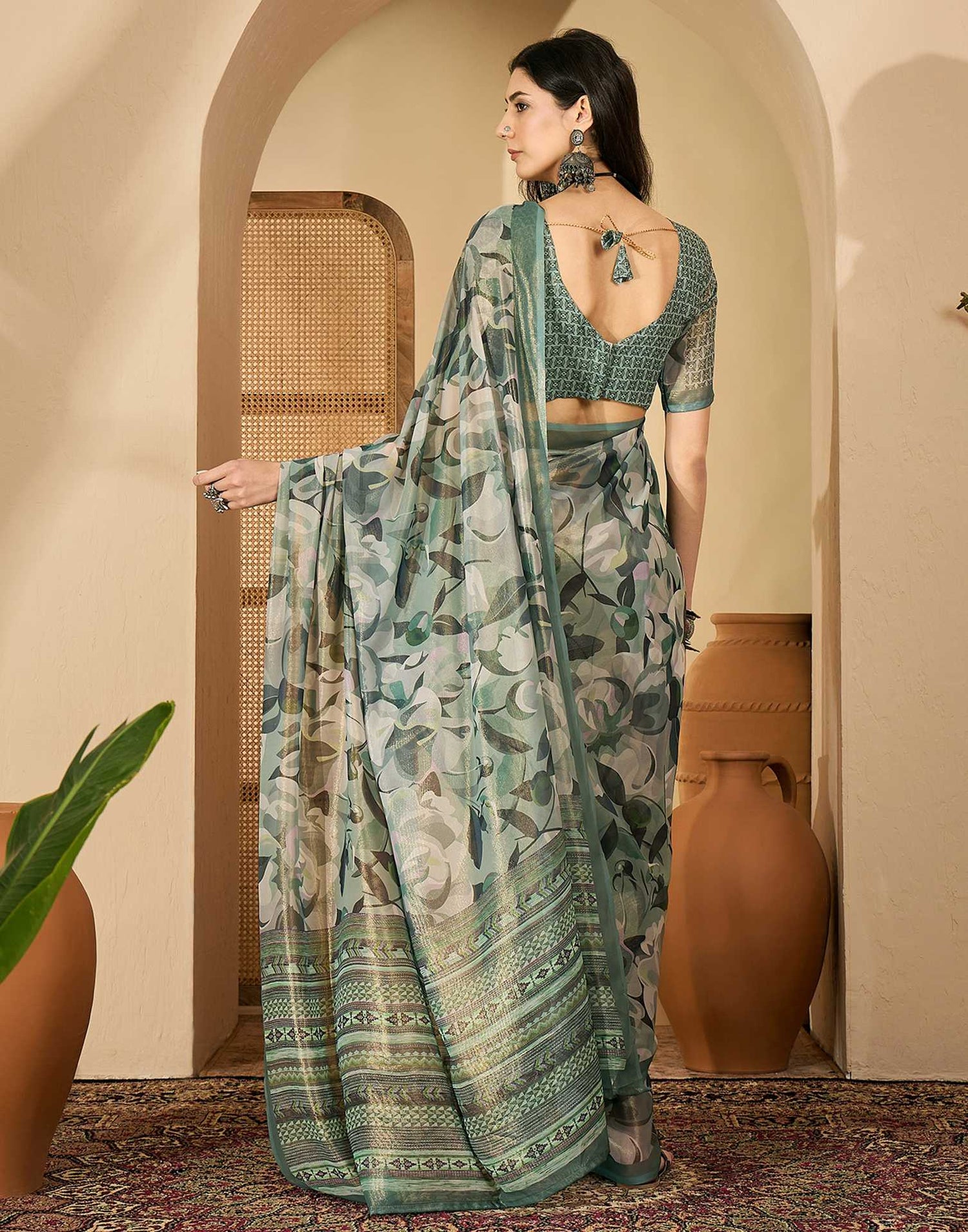 Dusty Green Georgette Printed Saree