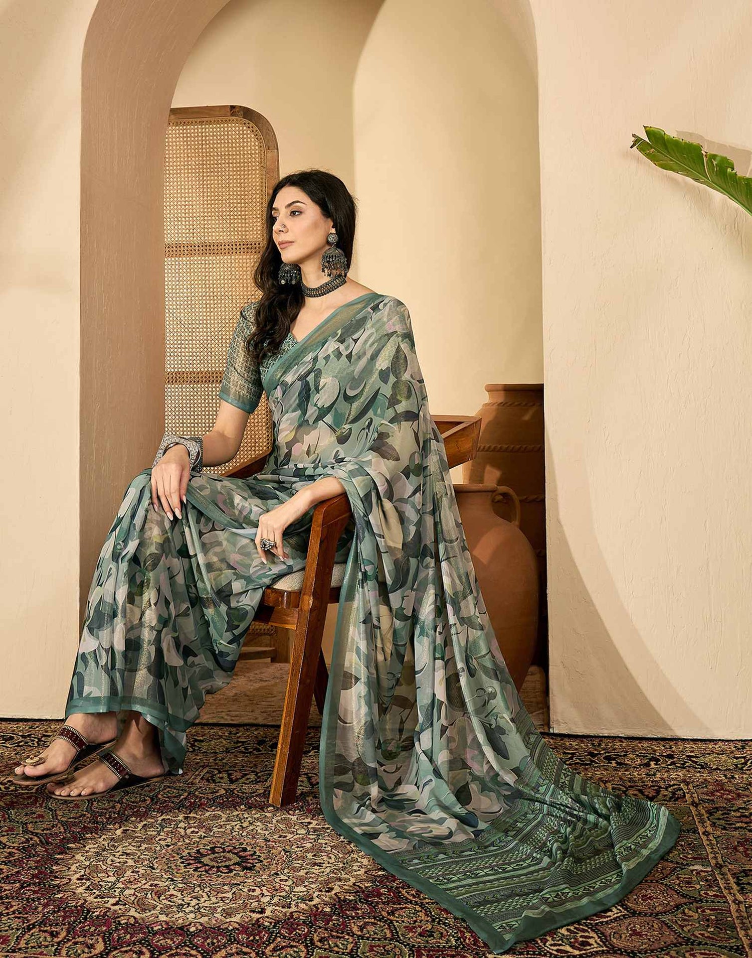 Dusty Green Georgette Printed Saree