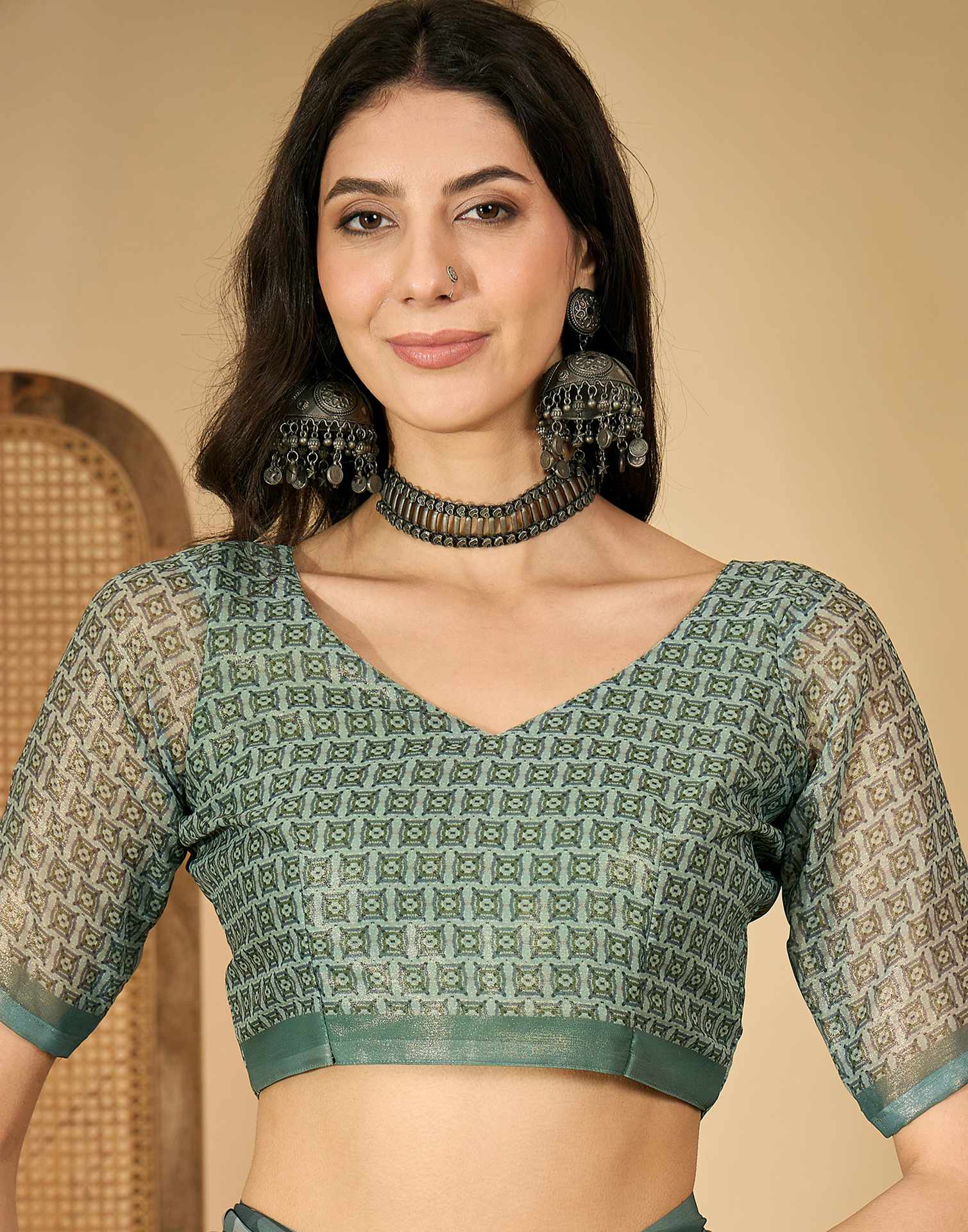 Dusty Green Georgette Printed Saree