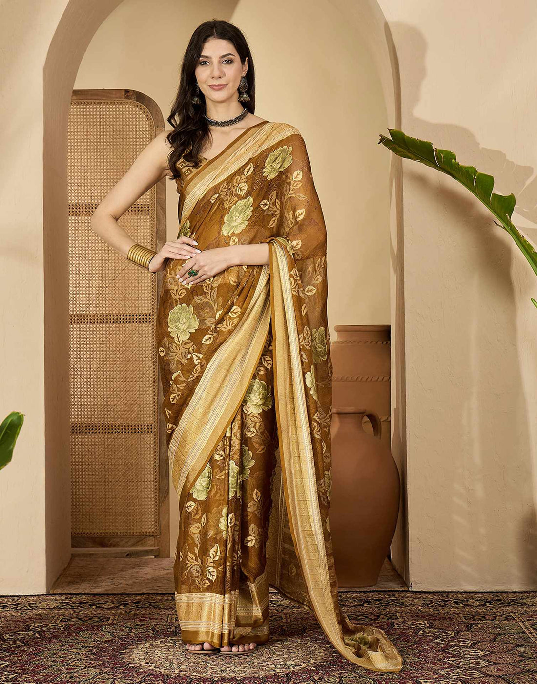 Brown Georgette Floral Printed Saree